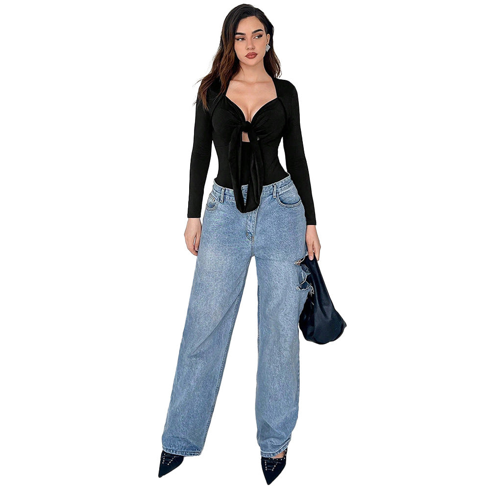 Damen figurbetonter Langarm-Bodysuit mit Knotenfront tiefem V-Ausschnitt und hochgeschnittenem Bein Shop Nory