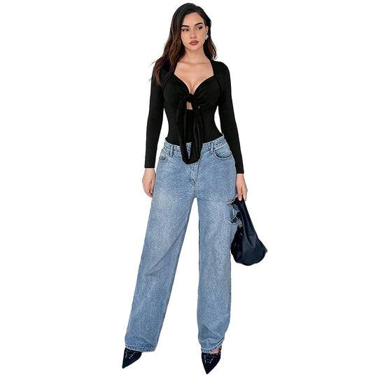 Damen figurbetonter Langarm-Bodysuit mit Knotenfront tiefem V-Ausschnitt und hochgeschnittenem Bein Shop Nory