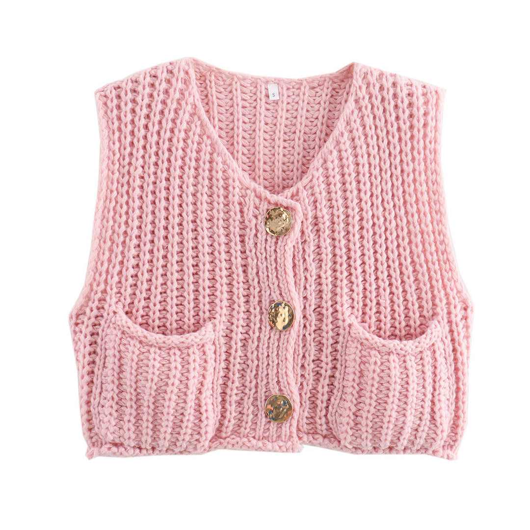 Damen Grobgestrickte Cropped Weste mit V-Ausschnitt und goldenen Zierknöpfen Shop Nory