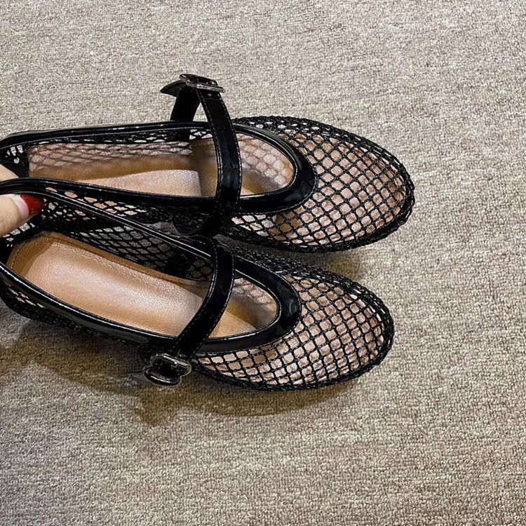 Damen Ballerina-Schuhe mit Netzdesign und verstellbarem Riemen