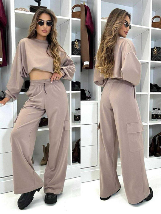 Damen kurzes Oversize-Sweatshirt mit weitem Cargo-Hose Lounge-Set Shop Nory