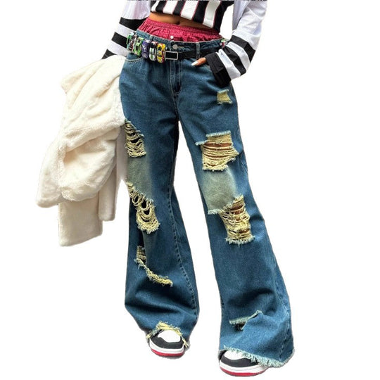Damen weite Destroyed-Denim-Jeans mit Neonfransen-Applikation Shop Nory
