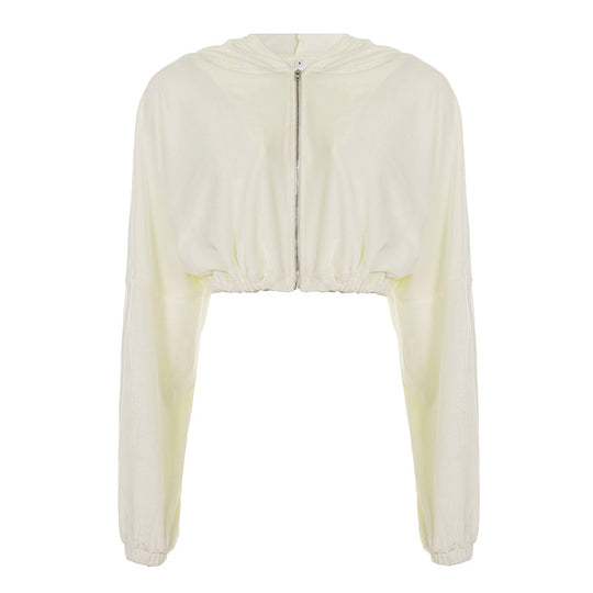 Damen nan kurze Kapuzenjacke mit Taillen-Tunnelzug, glänzender Satinoptik, Frontreißverschluss und elastischen Bündchen Shop Nory