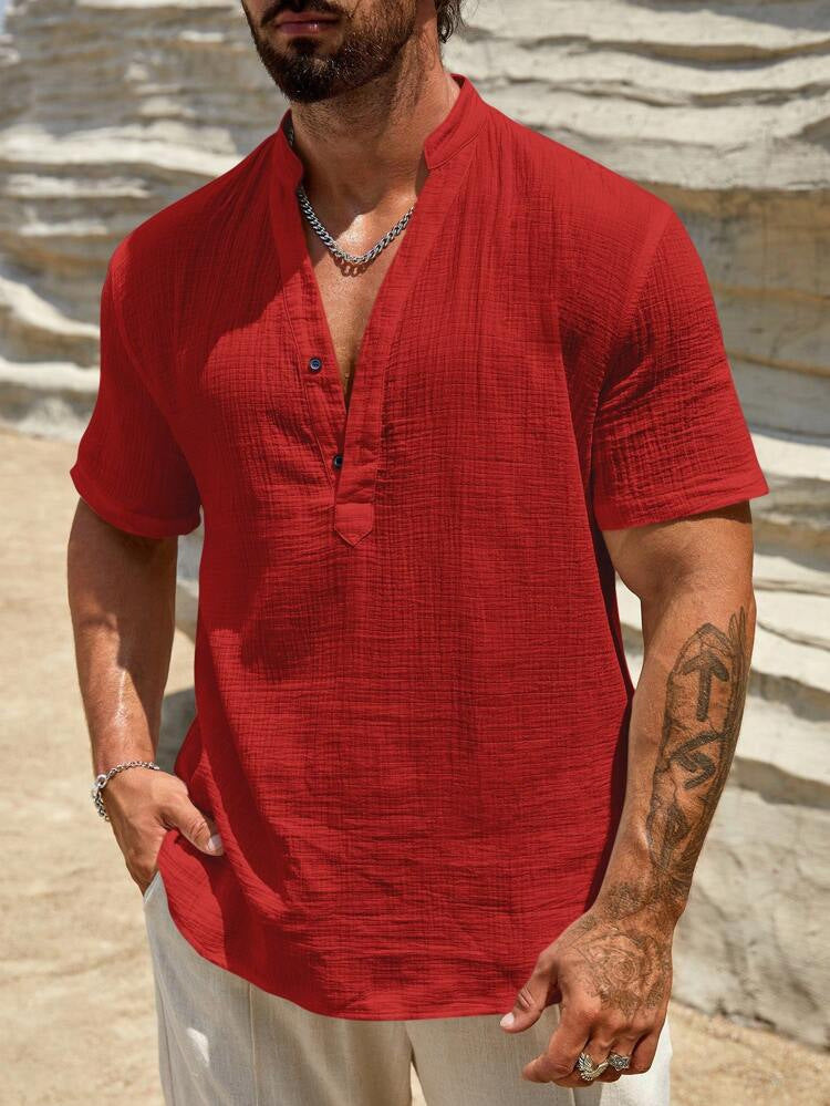 Herren Kurzarm Henley Hemd mit modernem Stehkragen aus leichtem Baumwollmaterial