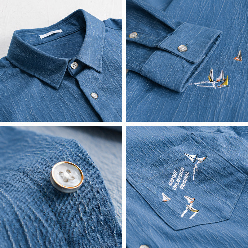 Herren Texturiertes Chambray-Overshirt mit maritimer Stickerei und Brusttasche Shop Nory
