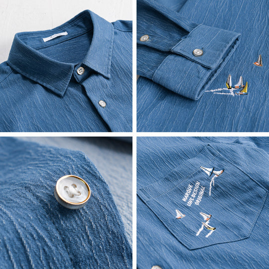 Herren Texturiertes Chambray-Overshirt mit maritimer Stickerei und Brusttasche Shop Nory
