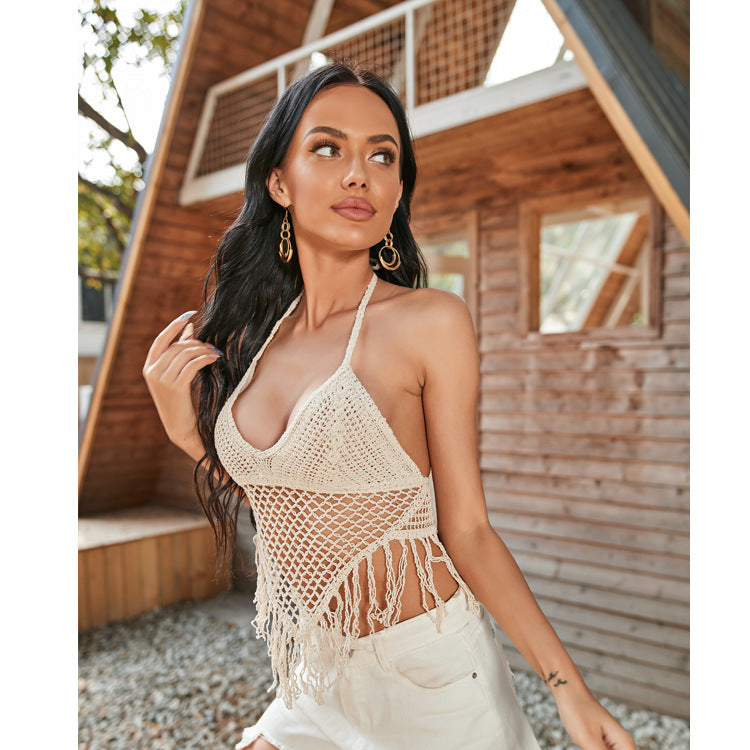 Damen Häkel-Bikini Oberteil mit Fransen und Wellenmuster Shopnory