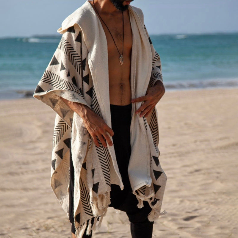 Herren Strandponcho mit Kapuze und geometrischem Jacquardmuster Shop Nory