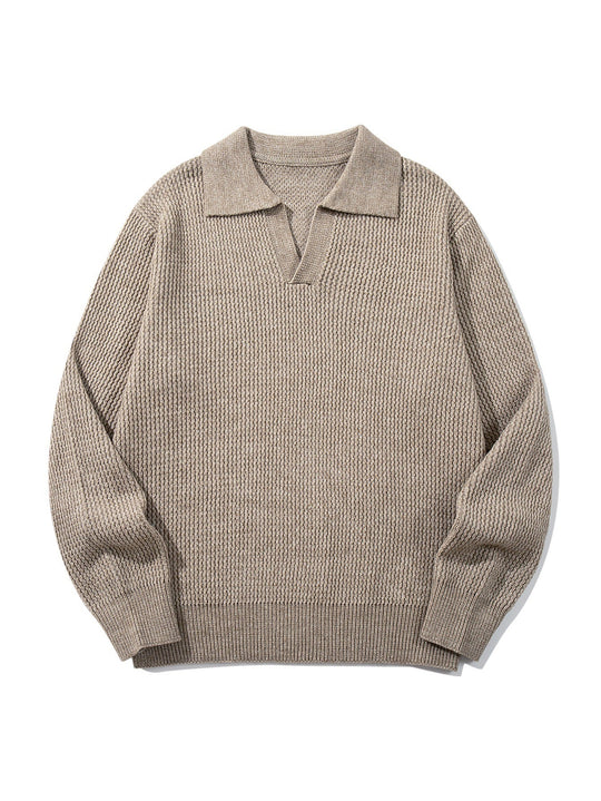 Herren Grobgestrickter Polokragen-Pullover mit V‑Ausschnitt und Rippenbündchen Shop Nory