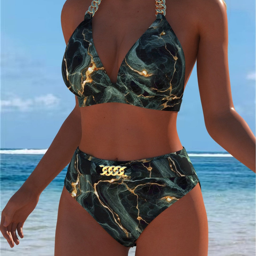 Damen Bikini mit luxuriösem Marmormuster und edlen Details