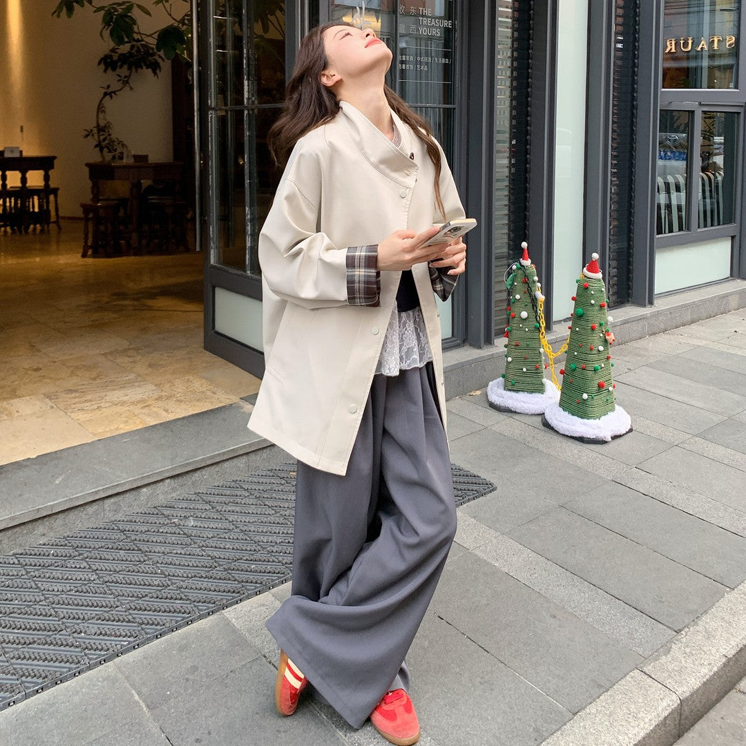 Damen Oversized Kurzmantel mit Stehkragen und kariertem Ärmelfutter Shop Nory