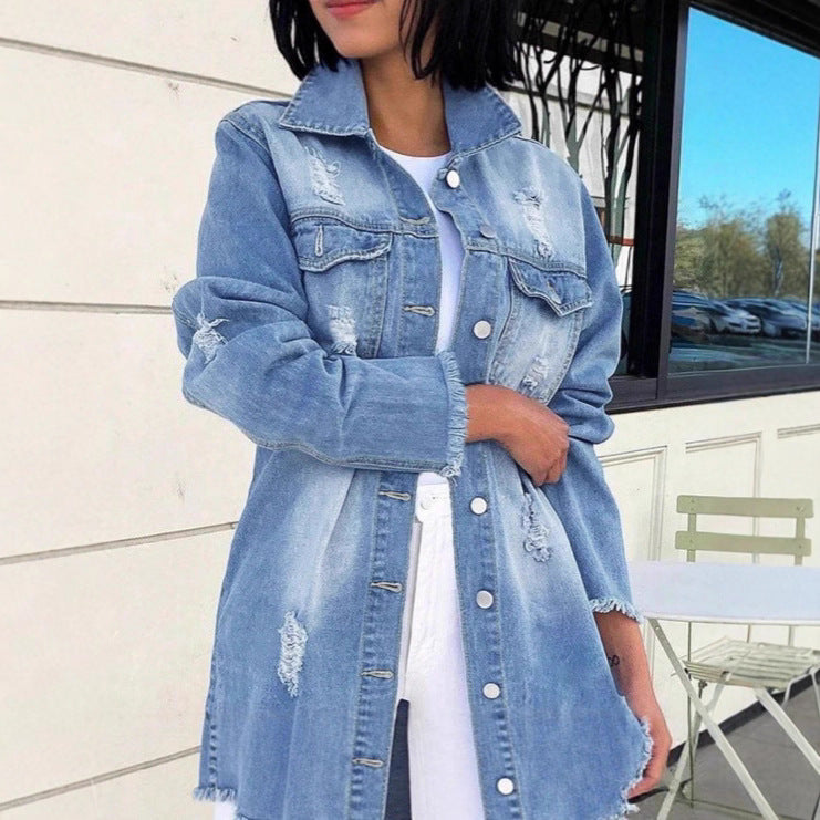 Damen Oversize-Denimjacke mit Destroyed-Details, längerem Schnitt und ausgefranstem Saum Shop Nory