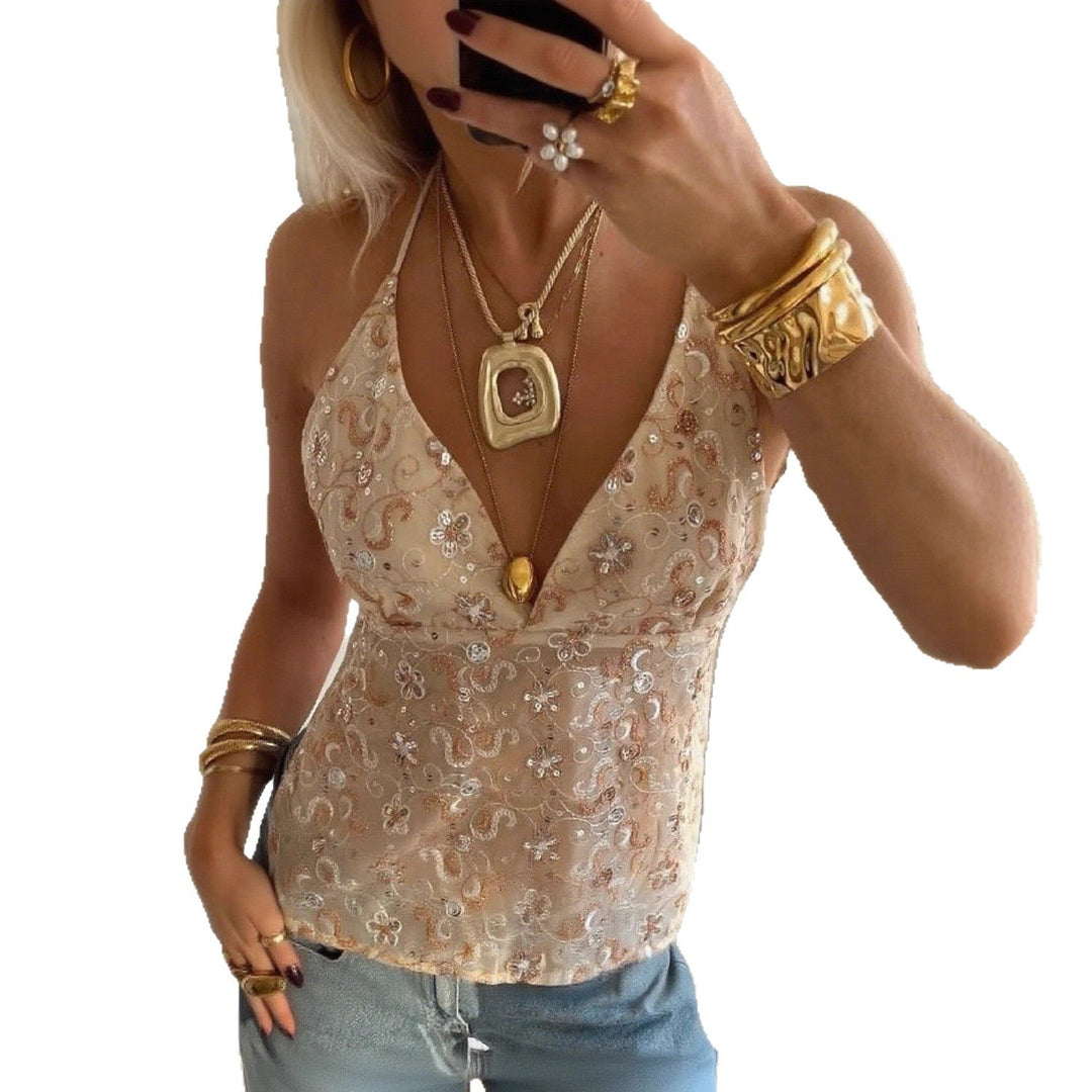 Damen Elegantes Spitzentop mit tiefem V-Ausschnitt und feiner Bestickung
