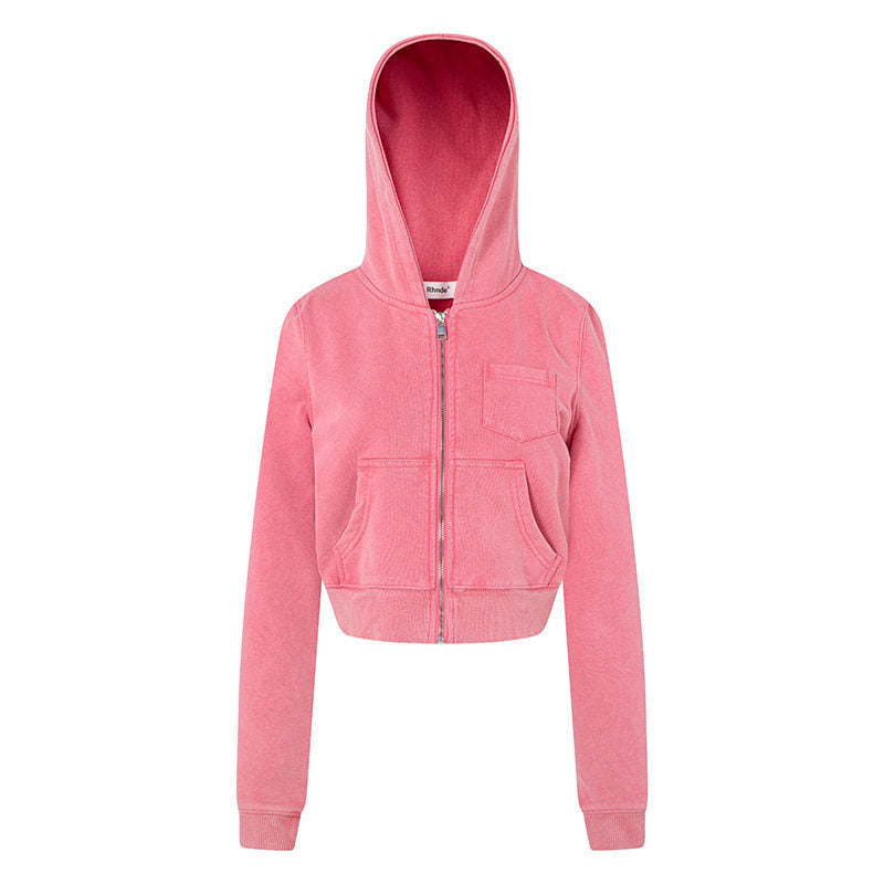 Damen Kurz geschnittene Kapuzen-Sweatjacke mit durchgehendem Reißverschluss im Boxy-Schnitt und Brusttasche Shop Nory