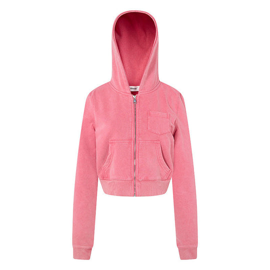 Damen Kurz geschnittene Kapuzen-Sweatjacke mit durchgehendem Reißverschluss im Boxy-Schnitt und Brusttasche Shop Nory