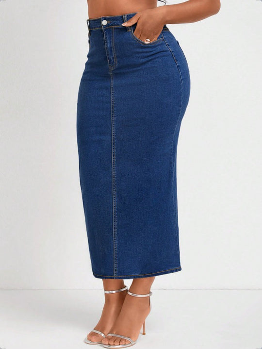 Damen Taillenhoher Stretch-Denim-Midirock mit sichtbarer Mittelnaht und Five-Pocket-Design Shop Nory
