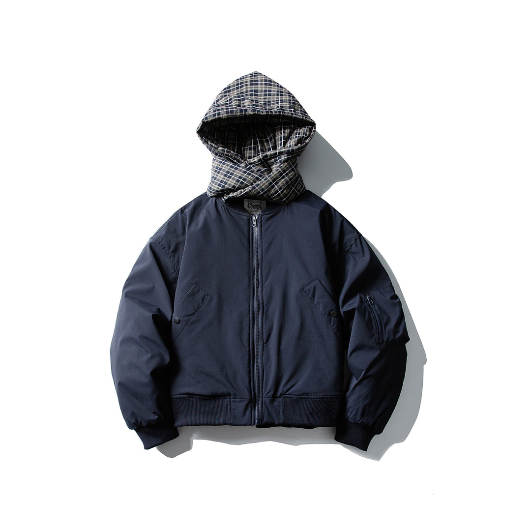 Herren Winddichter Bomberjacke mit gesteppter karierter Kapuze und integriertem Schal Shop Nory