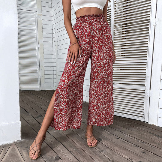 Damen Leichte High‑Waist Palazzo‑Hose mit Gummibund, Blumenprint und seitlichem Beinschlitz Shop Nory