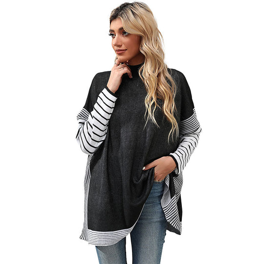 Damen Oversize Strickpullover mit Stehkragen und gestreiften Raglanärmeln Shop Nory
