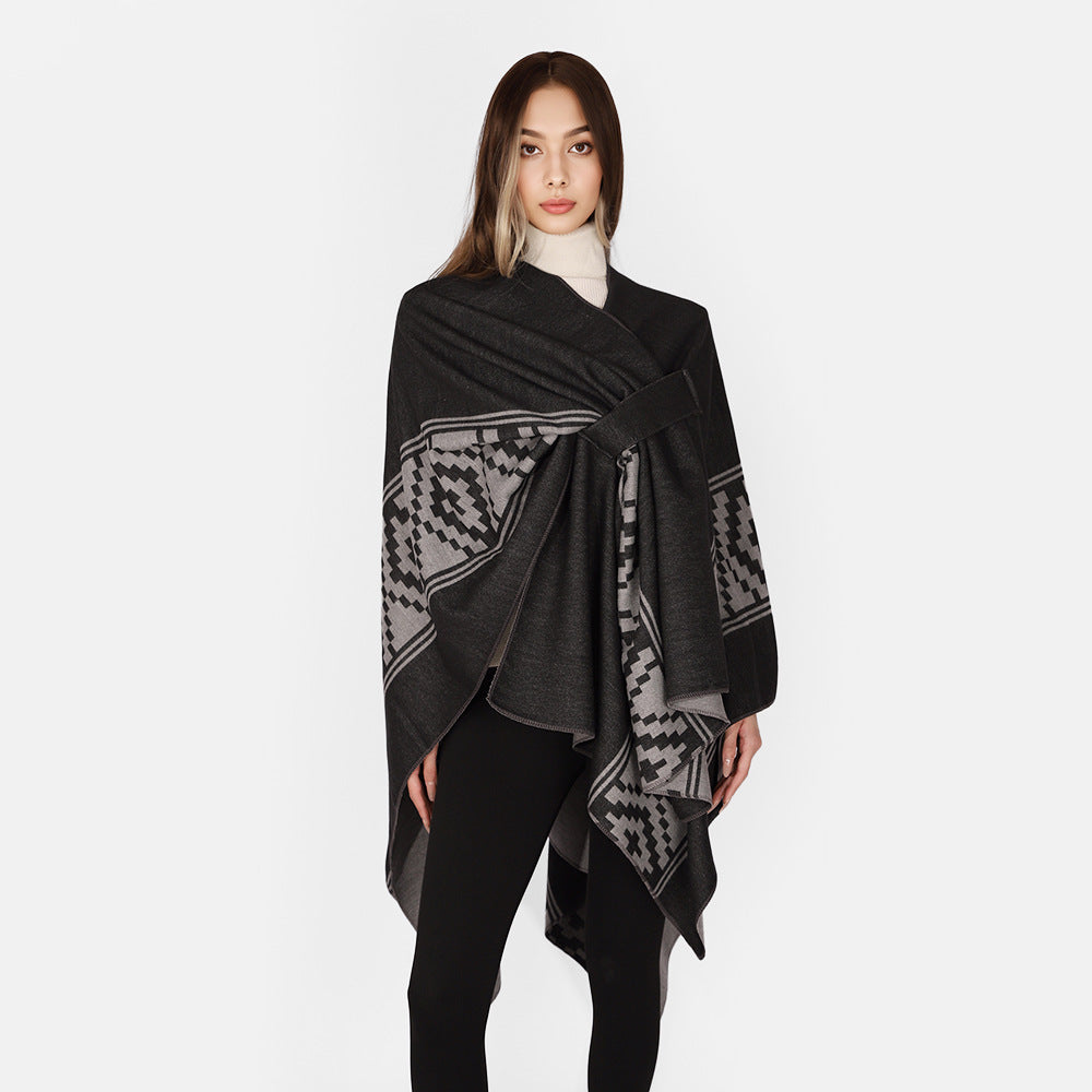 Damen Jacquard‑Ruana mit Bindegürtel und geometrischem Muster Shop Nory