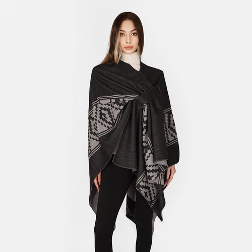Damen Jacquard‑Ruana mit Bindegürtel und geometrischem Muster Shop Nory