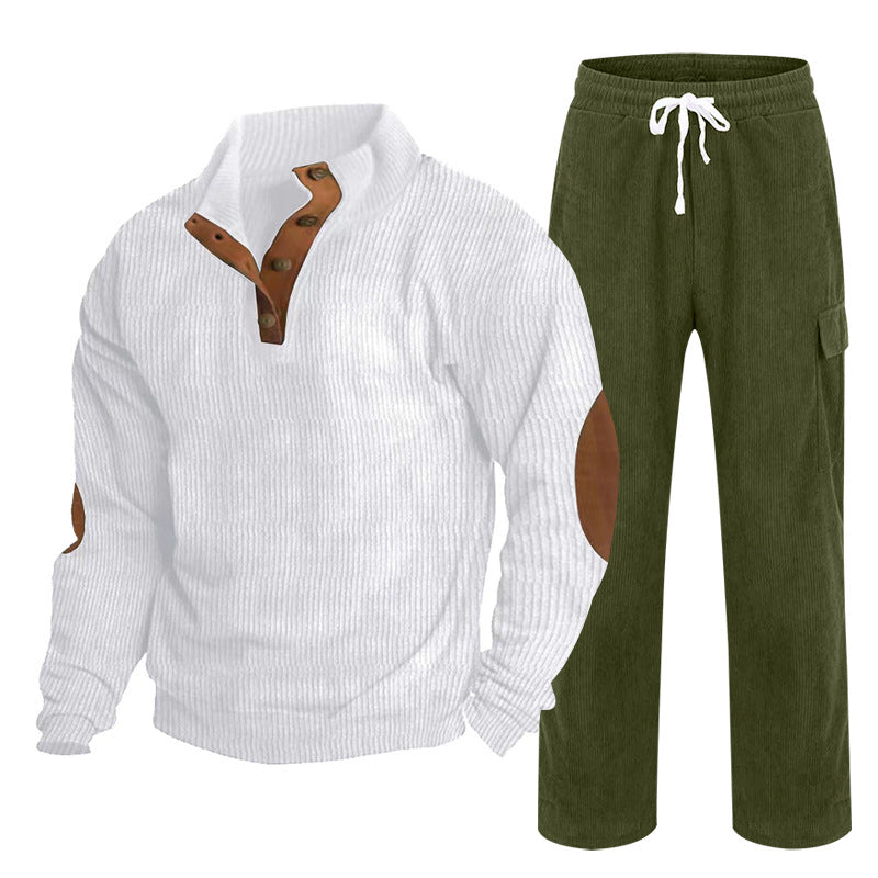 Herren Gemütliches Freizeit-Set aus Waffelstrick-Henley mit Ellenbogenpatch und Relax-Cargo-Hose Shop Nory