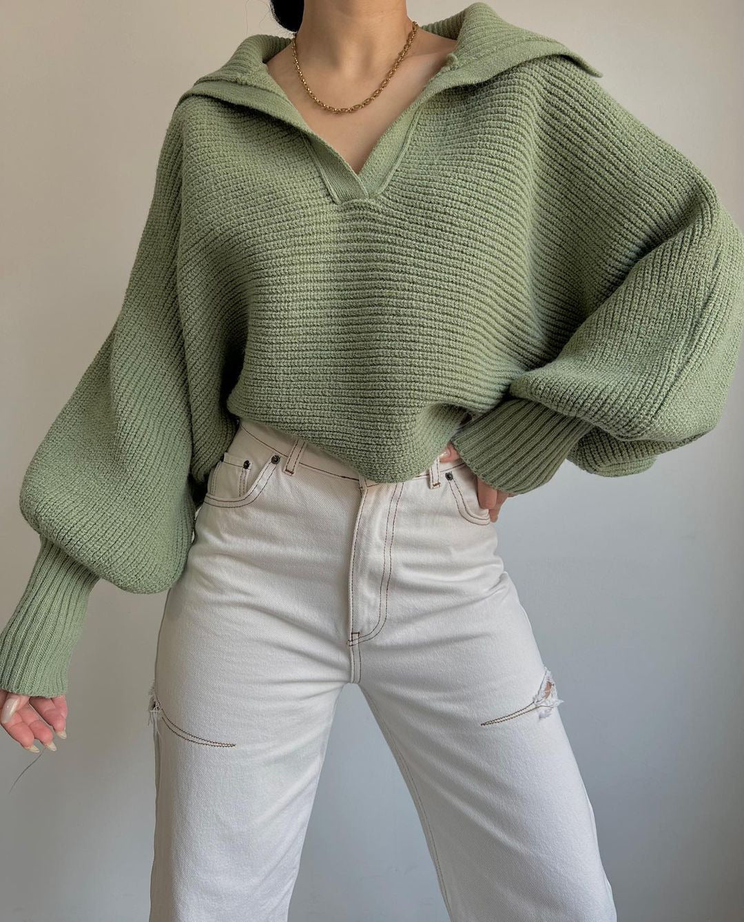Damen Oversize Rippsweater mit Reverskragen und tiefem V‑Ausschnitt Shop Nory
