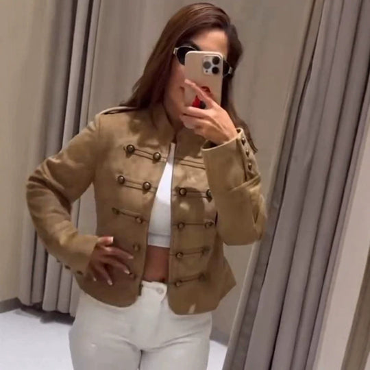 Damen Taillierte Militärjacke aus Wollmischung mit Stehkragen und doppelter Knopfreihe Shop Nory