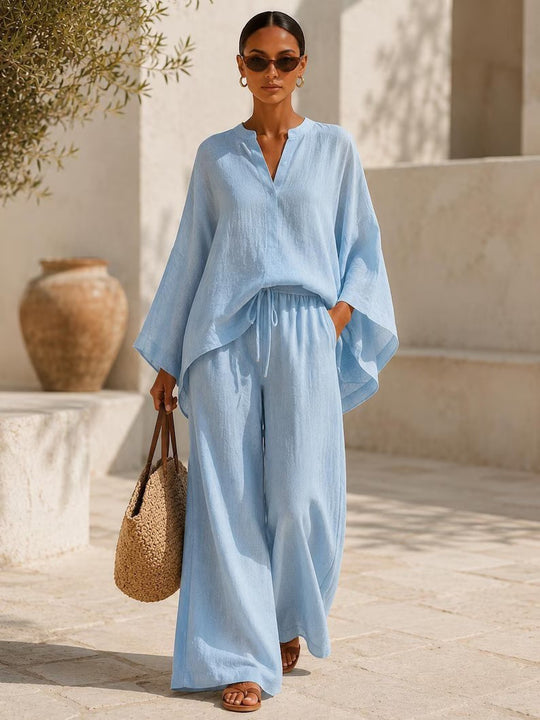 Damen Leichte Leinenmischung Übergroße Kaftan-Oberteil und Kordelzug Weitbein-Hosen Set Shop Nory