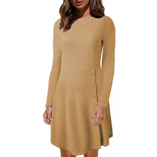 Damen Geripptes A‑Linien Kleid mit Rundhalsausschnitt, langen Ärmeln und seitlicher Knopfleiste Shop Nory