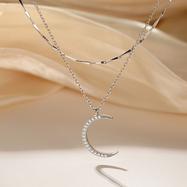 Damen elegante Halskette mit Doppelstrang und Mondanhänger Shop Nory
