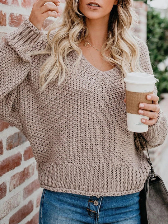 Damen Oversize Grobstrickpullover mit V-Ausschnitt und Rippsaum Shop Nory
