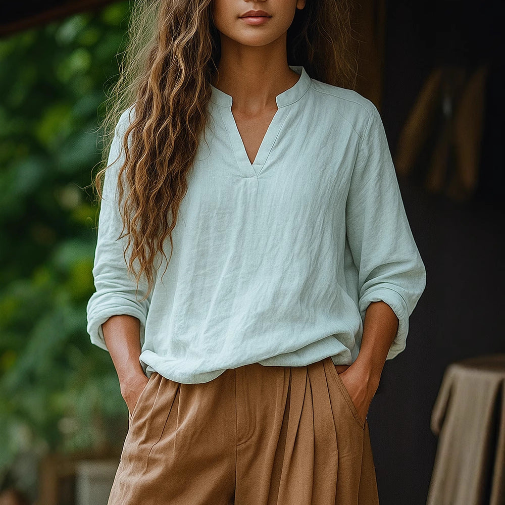 Damen Casual Tunika-Bluse in Leinenoptik mit kleinem Stehkragen und V‑Schlitz Shop Nory