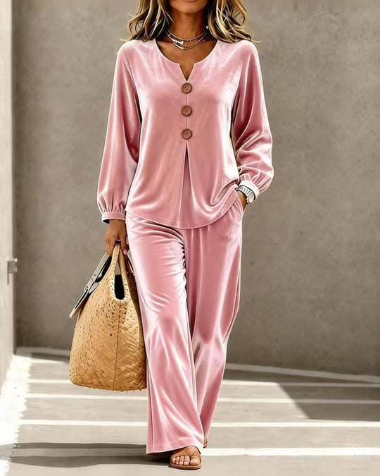 Damen nan weiches Samt Lounge-Set mit V-Ausschnitt Knopfblende und weitem Bein Shop Nory