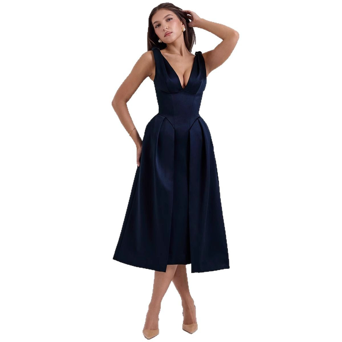 Damen Maxikleid mit elegantem V-Ausschnitt und strukturiertem Rock Shopnory