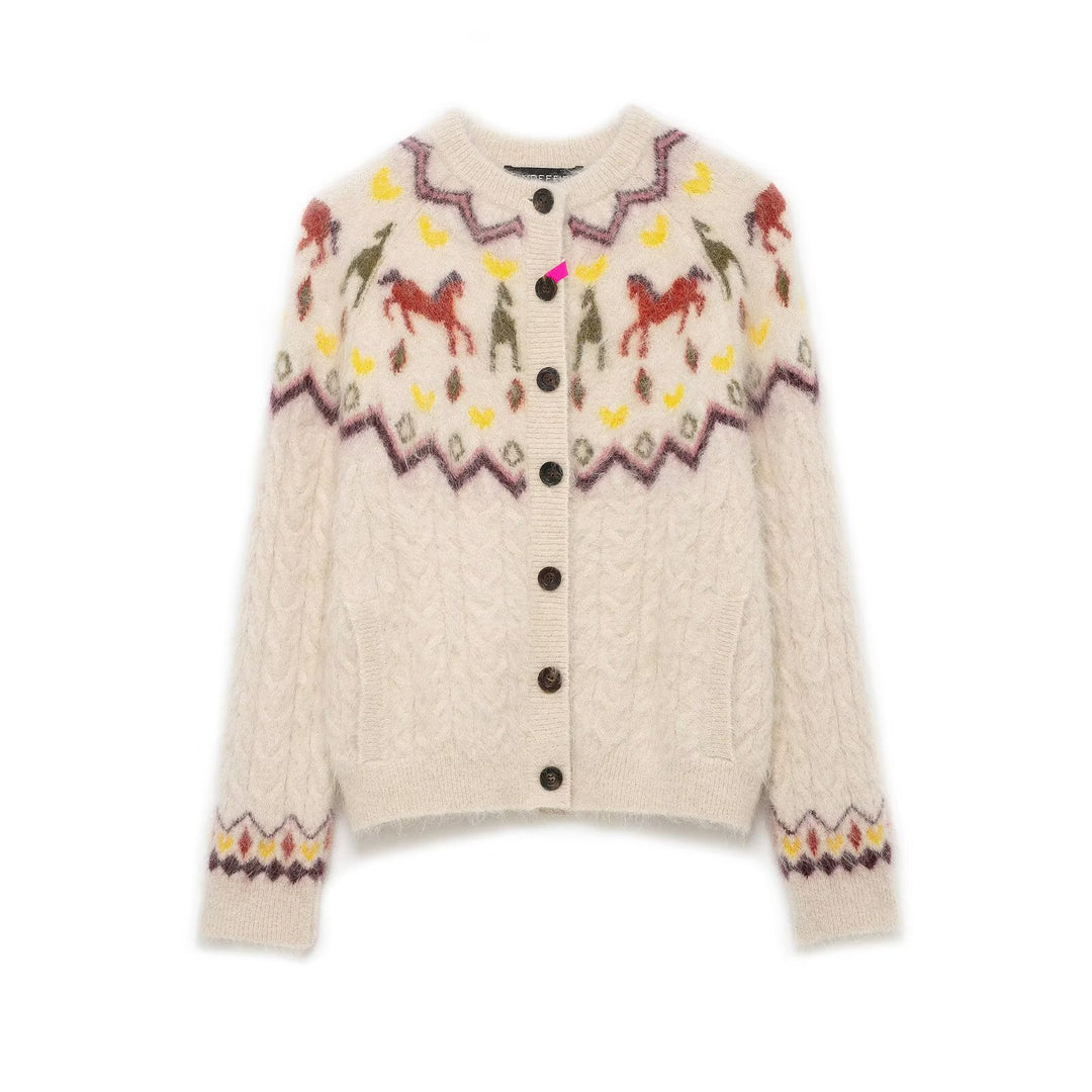 Damen Strickcardigan mit Norwegermuster und Pferde-Motiv, Zopfmuster und Knopfleiste Shop Nory