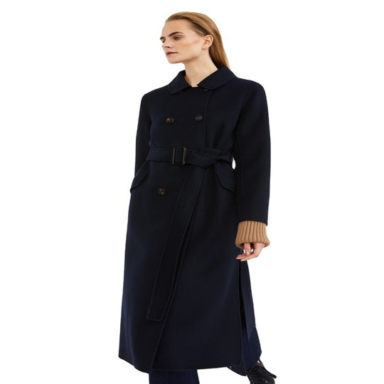 Damen Longcoat im minimalistischen Mantelkleid‑Look mit verdeckter Doppelreihe und Stoffgürtel Shop Nory