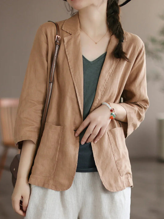 Damen Lässiger Leinenblazer mit breiten Ärmeln und Knopfverschluss