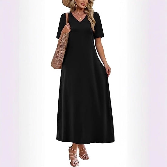Damen Langes A-Linien-Maxikleid mit V-Ausschnitt, Kurzarm und Eingrifftaschen Shop Nory