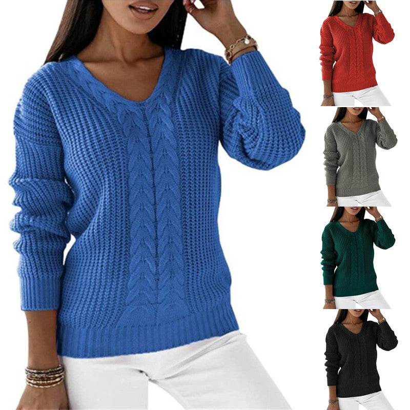 Damen nan grob gestrickter V-Ausschnitt Pullover mit Zopfmuster und lockerer Silhouette Shop Nory