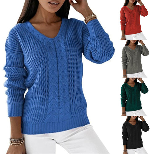 Damen nan grob gestrickter V-Ausschnitt Pullover mit Zopfmuster und lockerer Silhouette Shop Nory