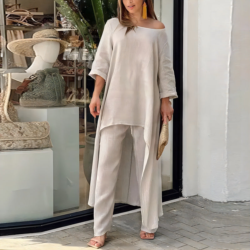 Damen luftiges Leinen‑Mix Tunika‑Set mit weitem Palazzohose Shop Nory