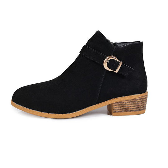 Damen Veloursleder-Ankle-Boots mit seitlichem Reißverschluss, Zier-Schnalle und niedrigem Blockabsatz Shop Nory