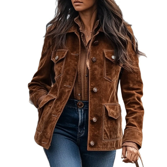 Damen Kurzjacke im Ranch‑Worker‑Look aus Wildlederoptik mit Pattentaschen und sichtbarer Knopfleiste Shop Nory
