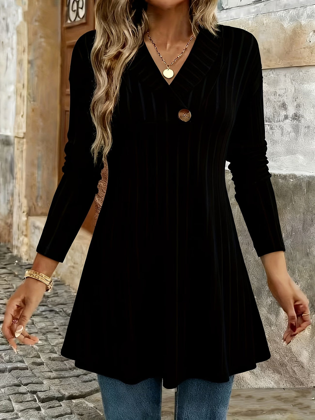 Damen Gestricktes A‑Linien‑Tunika‑Kleid mit Schalkragen und Zierknopf Shop Nory