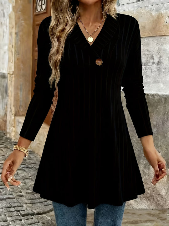 Damen Gestricktes A‑Linien‑Tunika‑Kleid mit Schalkragen und Zierknopf Shop Nory
