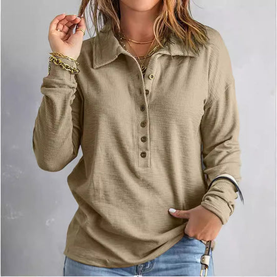 Damen Langarm-Waffelshirt mit Hemdkragen und Knopfleiste Shop Nory