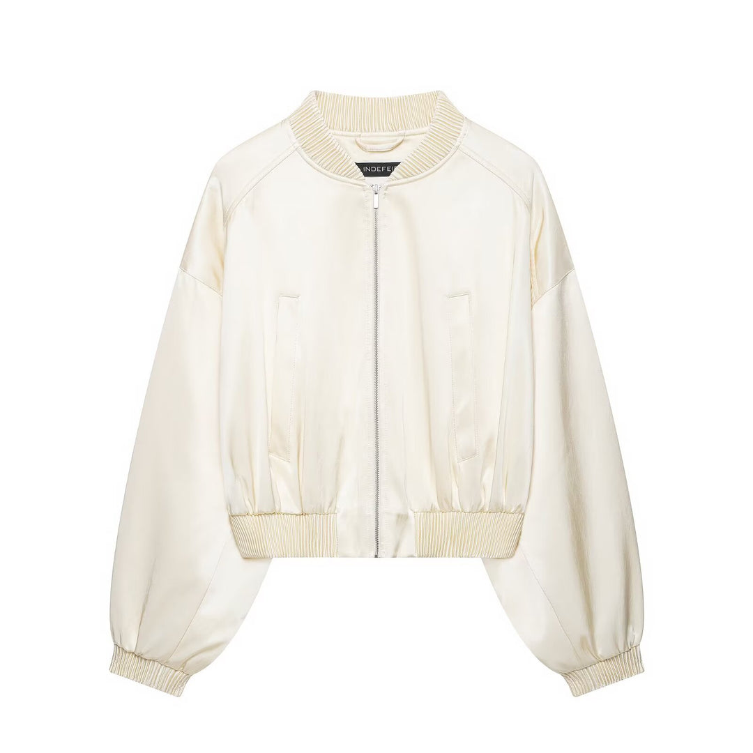 Damen Cropped Bomberjacke aus veganer Lederoptik mit voluminösen Raglanärmeln und Rippbündchen Shop Nory