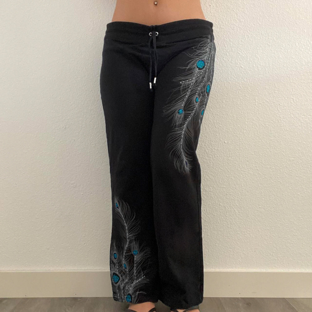 Damen nan weite Loungehose mit Kordelzug, hohem Komfortbund und Pfauenfeder-Print Shop Nory