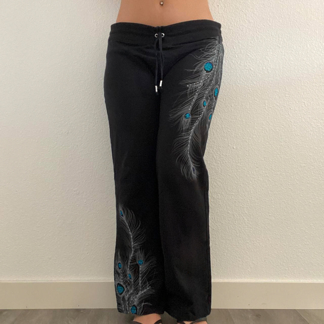 Damen nan weite Loungehose mit Kordelzug, hohem Komfortbund und Pfauenfeder-Print Shop Nory